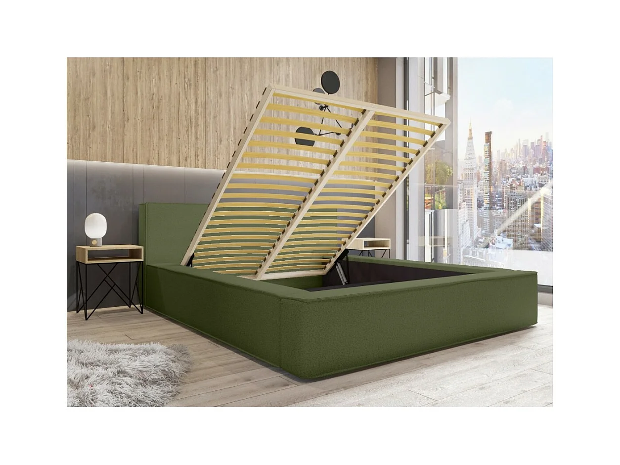 Cama con canapé DENALI – Oliva rizado – 160x200 cm – Tela de terciopelo suave – Somier elevable – Almacenamiento integrado