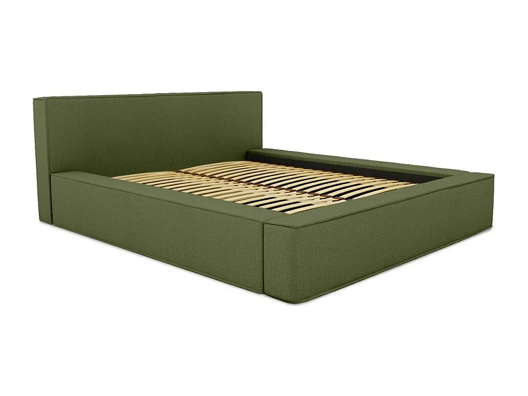 Cama con canapé DENALI – Oliva rizado – 160x200 cm – Tela de terciopelo suave – Somier elevable – Almacenamiento integrado