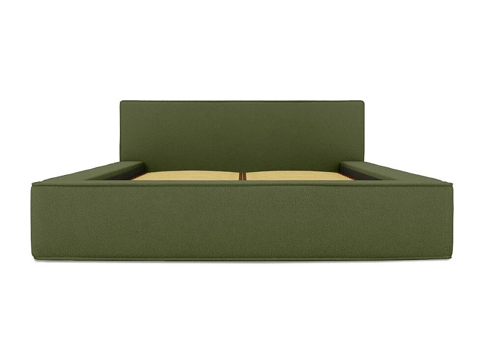 Cama con canapé DENALI – Oliva rizado – 160x200 cm – Tela de terciopelo suave – Somier elevable – Almacenamiento integrado