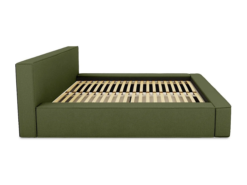 Cama con canapé DENALI – Oliva rizado – 160x200 cm – Tela de terciopelo suave – Somier elevable – Almacenamiento integrado