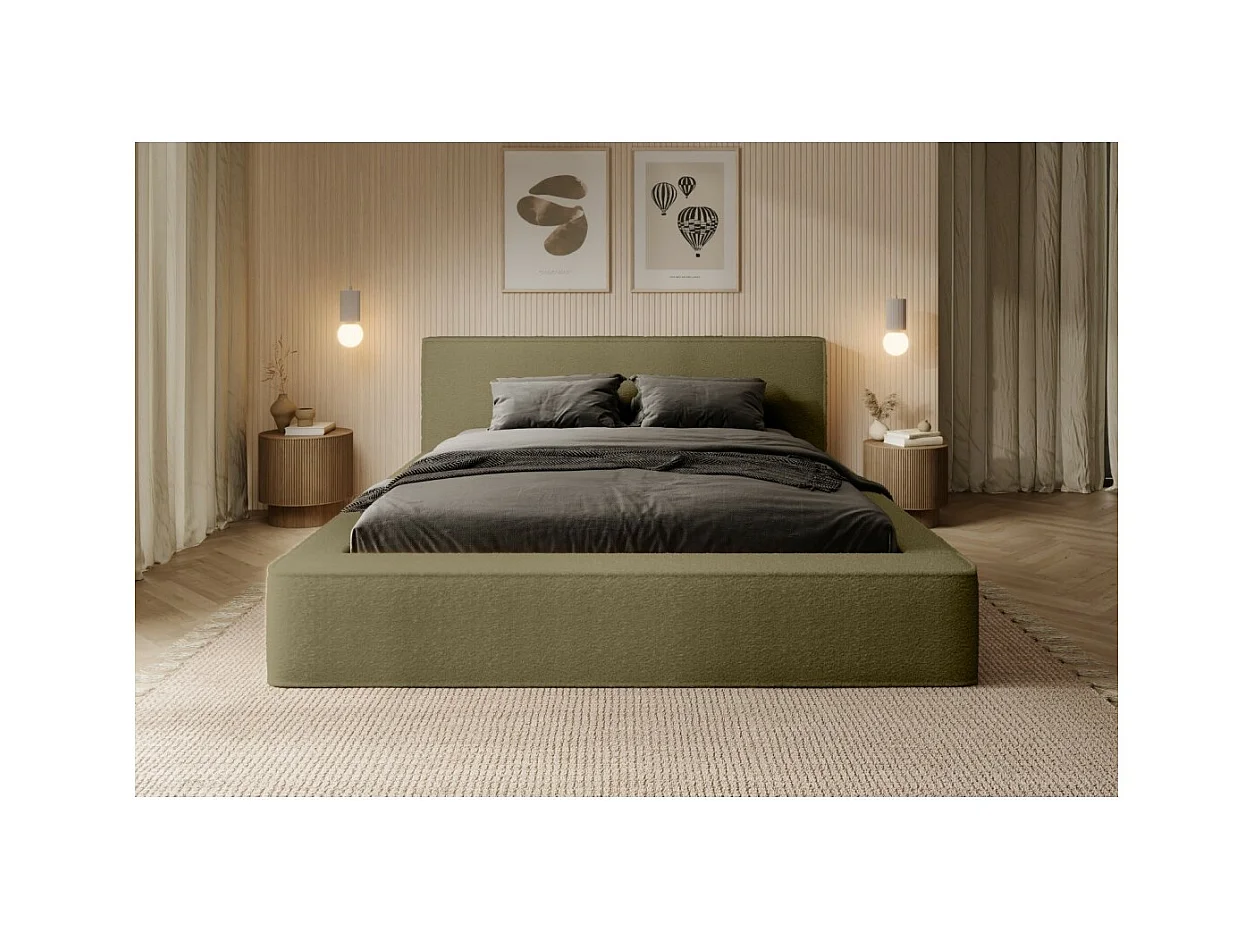 Lit coffre DENALI – Olive bouclé – 180x200 cm – Tecido veludo macio – Estrado elevatório – Armazenamento integrado