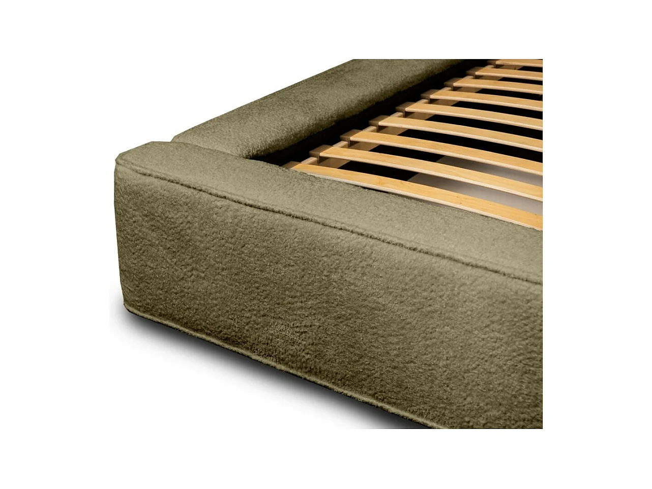 Lit coffre DENALI – Olive bouclé – 180x200 cm – Tecido veludo macio – Estrado elevatório – Armazenamento integrado