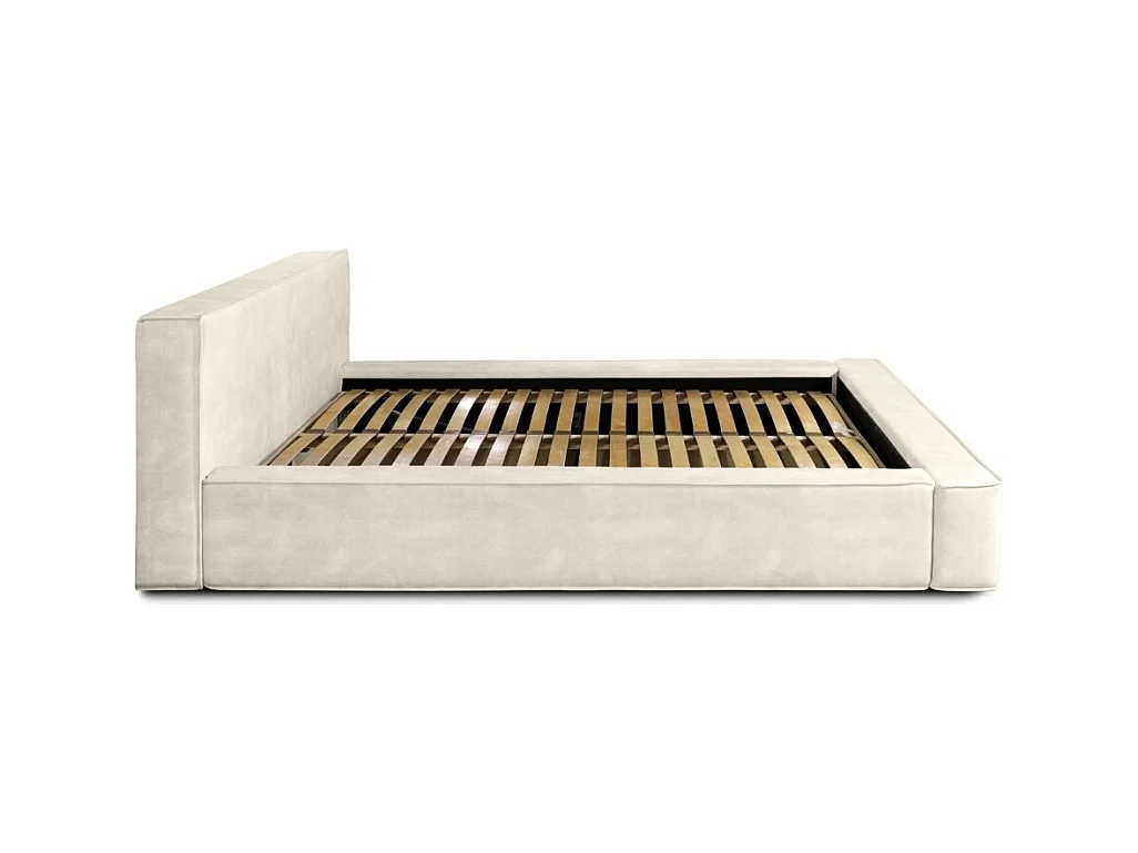 Lit coffre VELORA – Perle – 160x200 cm – Tissu velours doux – Sommier relevable – Rangement intégré