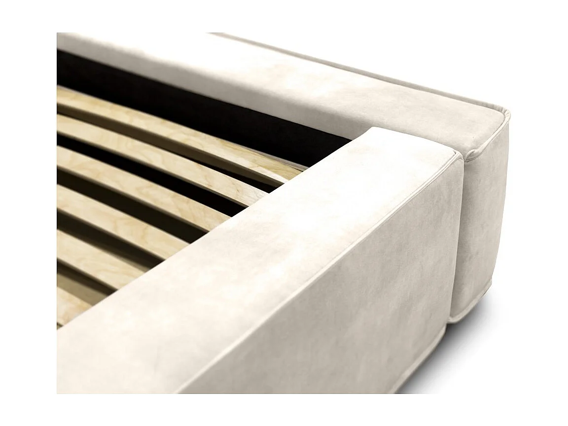 Lit coffre VELORA – Perle – 160x200 cm – Tissu velours doux – Sommier relevable – Rangement intégré