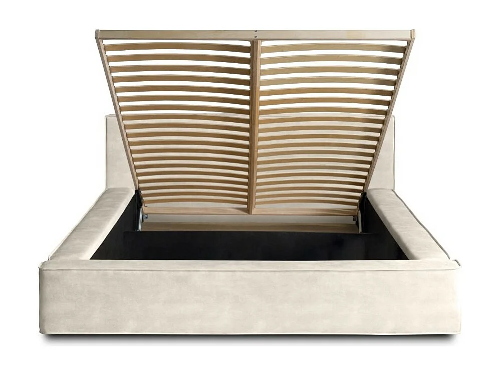 Cama baú DENALI – Pérola – 160x200 cm – Tecido de veludo macio – Estrado elevatório – Armazenamento integrado