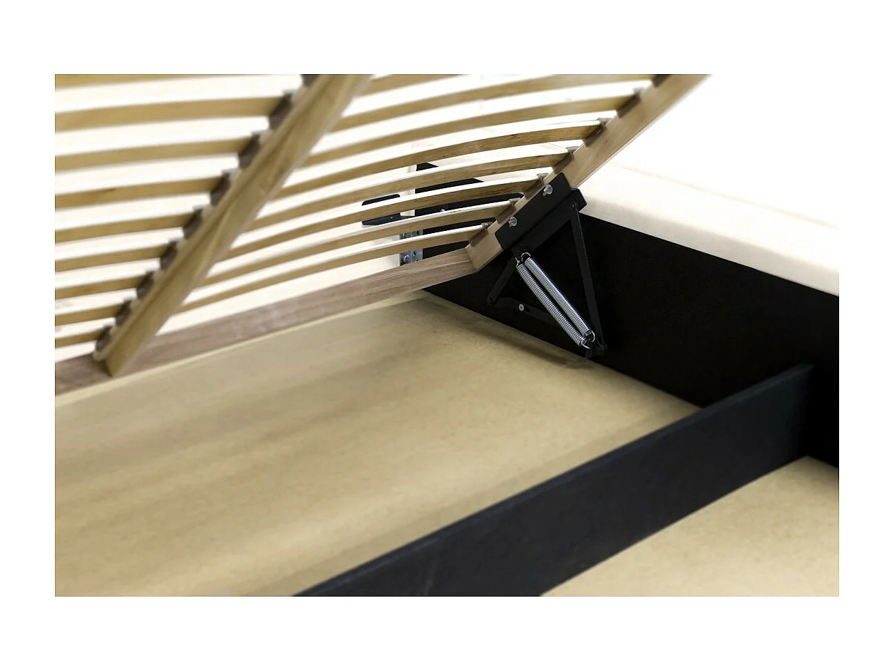 Cama baú DENALI – Pérola – 160x200 cm – Tecido de veludo macio – Estrado elevatório – Armazenamento integrado