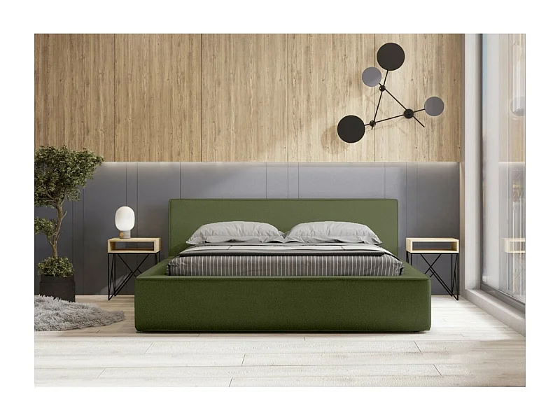 Lit coffre DENALI – Olive bouclé – 180x200 cm – Tecido de veludo macio – Estrado elevatório – Armazenamento integrado