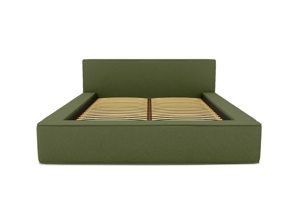 Lit coffre VELORA – Olive bouclé – 180x200 cm – Tissu velours doux – Sommier relevable – Rangement intégré