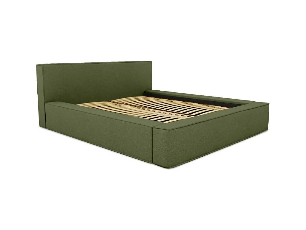 Lit coffre VELORA – Olive bouclé – 180x200 cm – Tissu velours doux – Sommier relevable – Rangement intégré