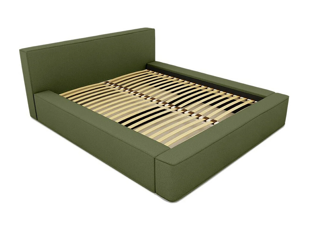 Lit coffre VELORA – Olive bouclé – 180x200 cm – Tissu velours doux – Sommier relevable – Rangement intégré
