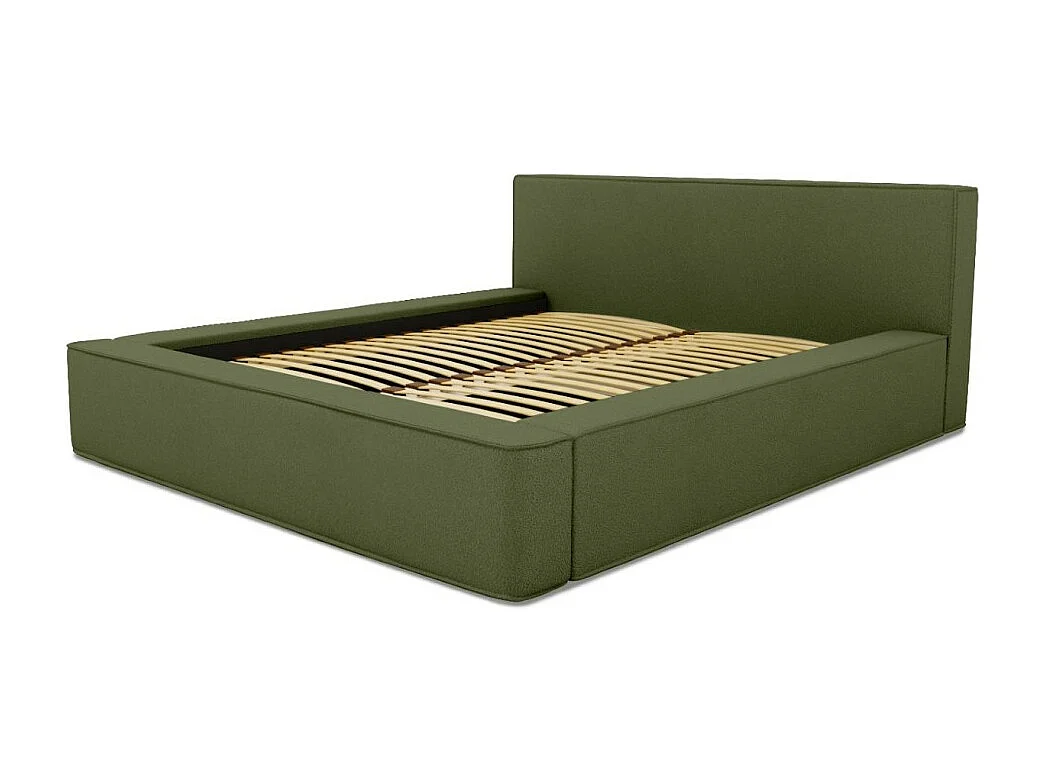 Lit coffre VELORA – Olive bouclé – 180x200 cm – Tissu velours doux – Sommier relevable – Rangement intégré