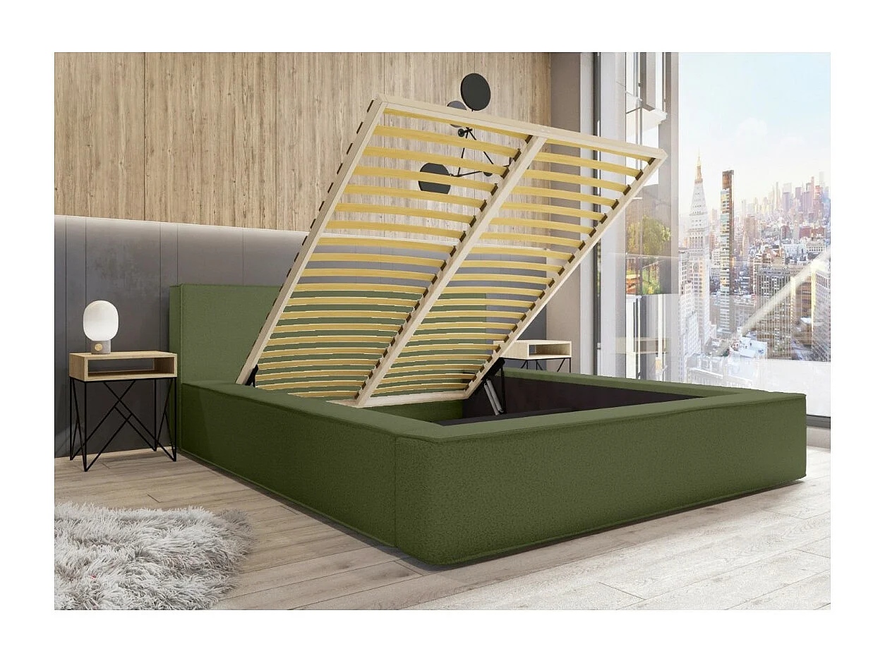 Lit coffre VELORA – Olive bouclé – 180x200 cm – Tissu velours doux – Sommier relevable – Rangement intégré