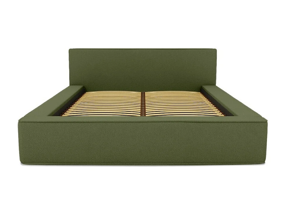 Lit coffre DENALI – Olive bouclé – 180x200 cm – Tecido de veludo macio – Estrado elevatório – Armazenamento integrado