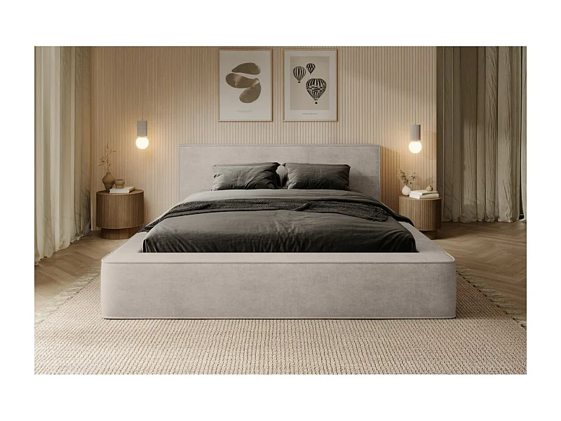 Lit coffre DENALI – Areia – 140x200 cm – Tecido veludo suave – Estrado elevatório – Armazenamento integrado