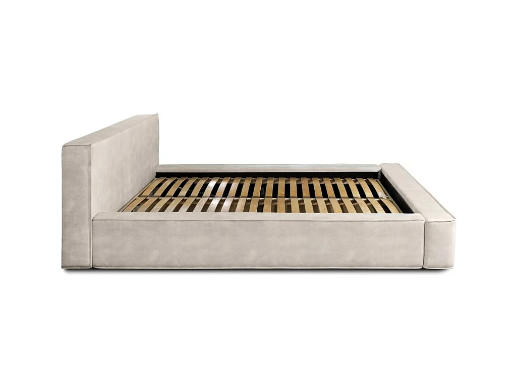 Cama con canapé DENALI – Arena – 140x200 cm – Tela de terciopelo suave – Somier elevable – Almacenamiento integrado