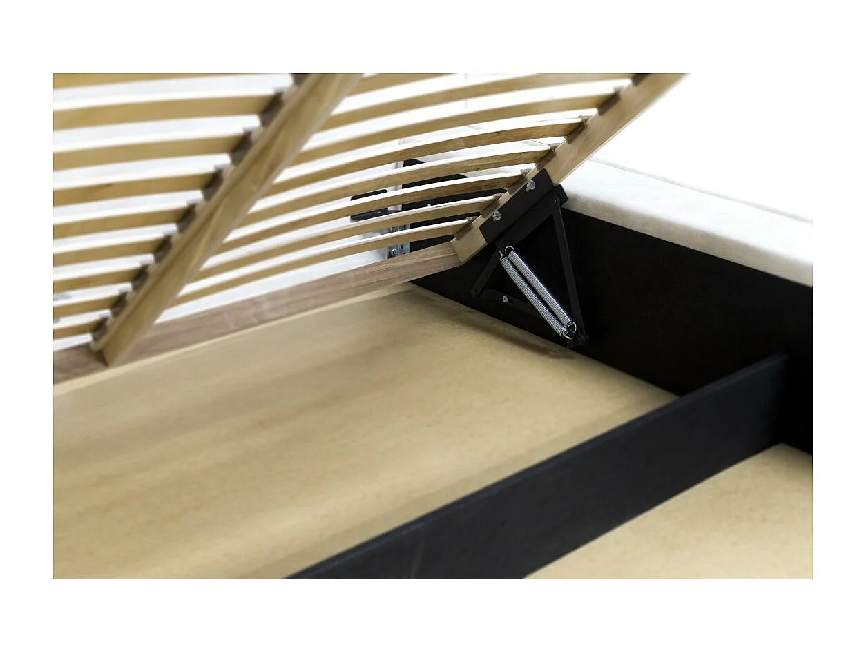 Lit coffre DENALI – Areia – 140x200 cm – Tecido veludo suave – Estrado elevatório – Armazenamento integrado