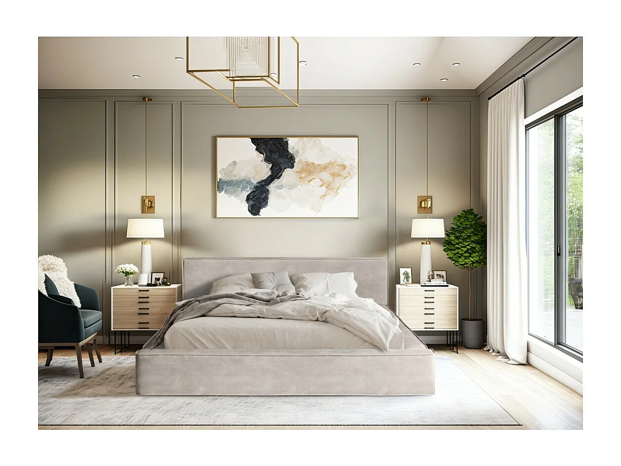 Lit coffre DENALI – Areia – 140x200 cm – Tecido veludo suave – Estrado elevatório – Armazenamento integrado