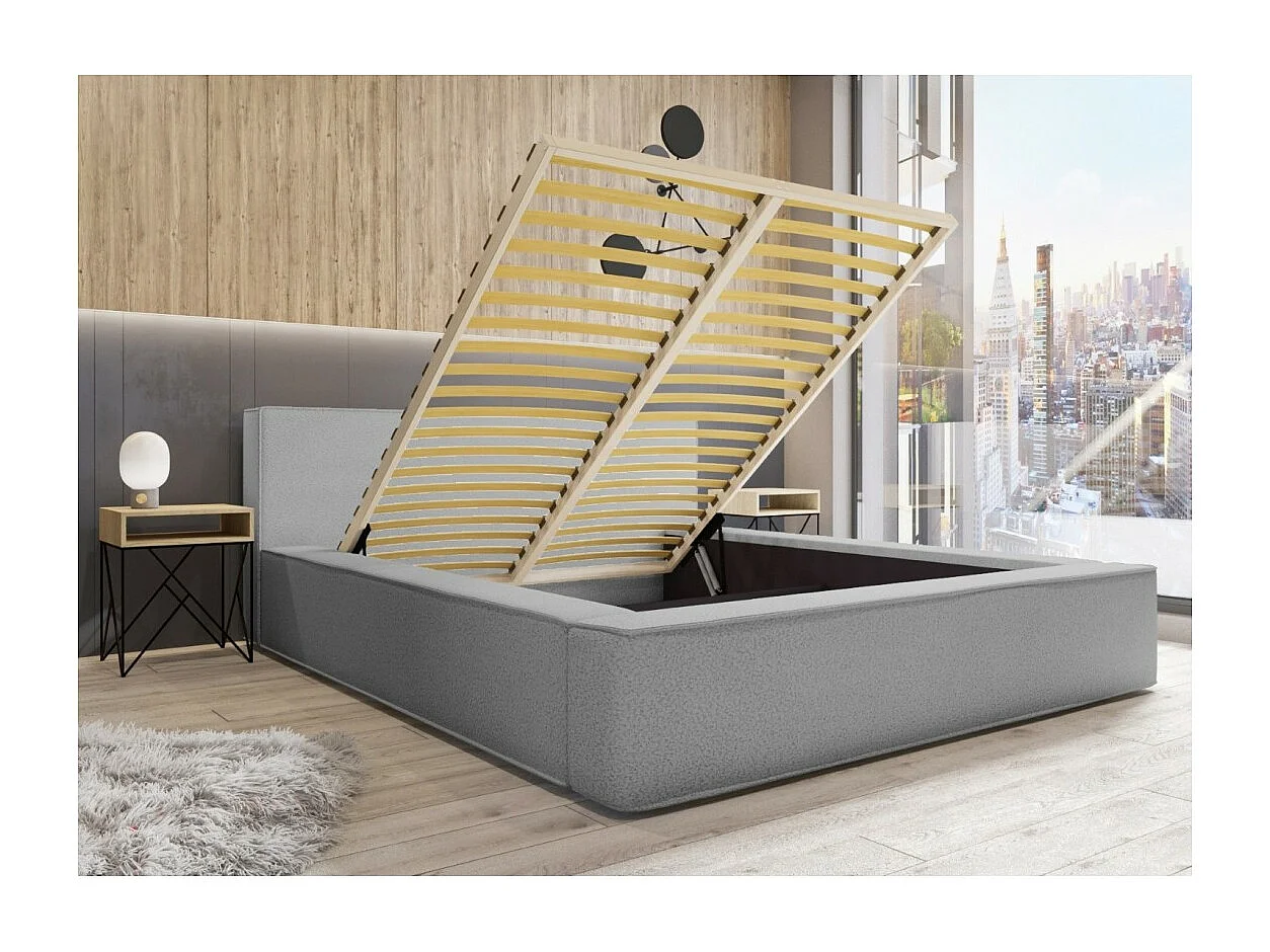 Cama con canapé DENALI – Gris arena rizado – 160x200 cm – Tela terciopelo suave – Somier elevable – Almacenamiento integrado