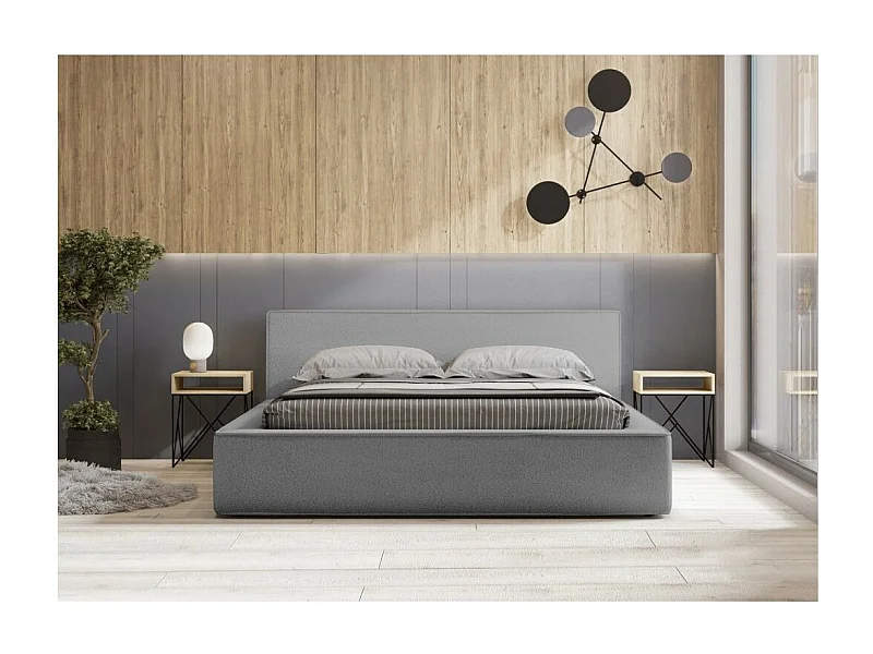 Lit coffre VELORA – Gris sable bouclé – 160x200 cm – Tissu velours doux – Sommier relevable – Rangement intégré