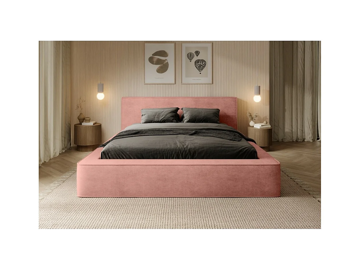 Lit coffre VELORA – Corail – 180x200 cm – Tissu velours doux – Sommier relevable – Rangement intégré