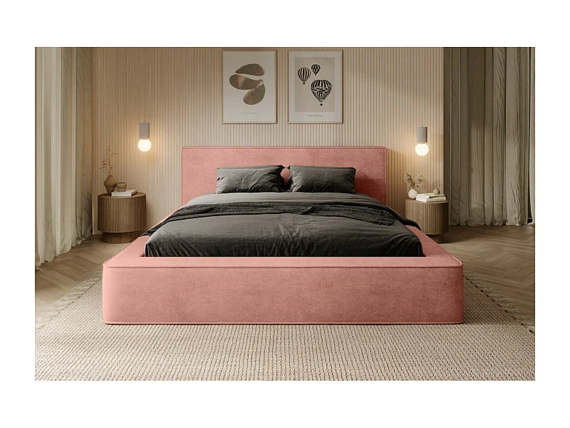 Lit coffre VELORA – Corail – 180x200 cm – Tissu velours doux – Sommier relevable – Rangement intégré