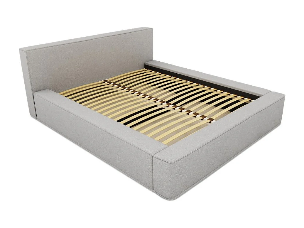 Lit coffre DENALI – Cinza areia bouclé – 140x200 cm – Tecido veludo macio – Estrado elevatório – Armazenamento integrado