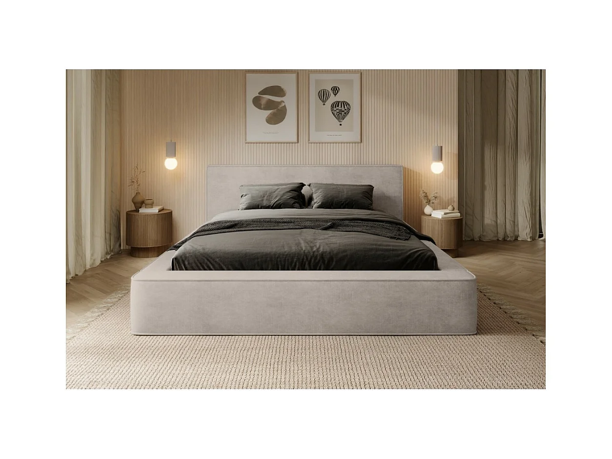 Lit coffre DENALI – Areia – 180x200 cm – Tecido de veludo macio – Estrado elevatório – Armazenamento integrado