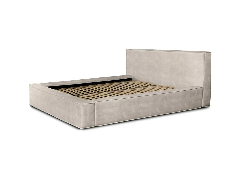 Lit coffre DENALI – Areia – 180x200 cm – Tecido de veludo macio – Estrado elevatório – Armazenamento integrado