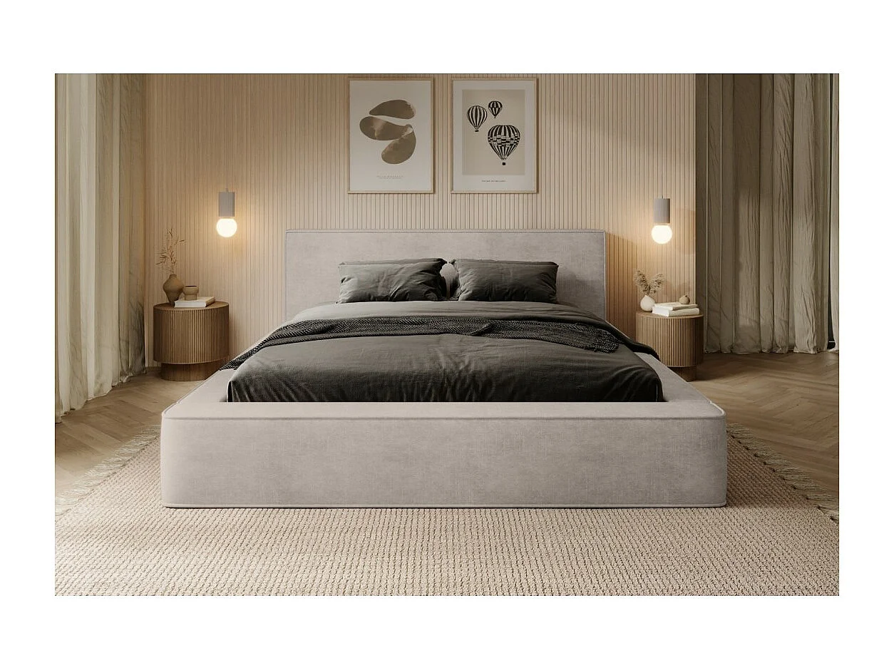 Lit coffre DENALI – Areia – 180x200 cm – Tecido de veludo macio – Estrado elevatório – Armazenamento integrado