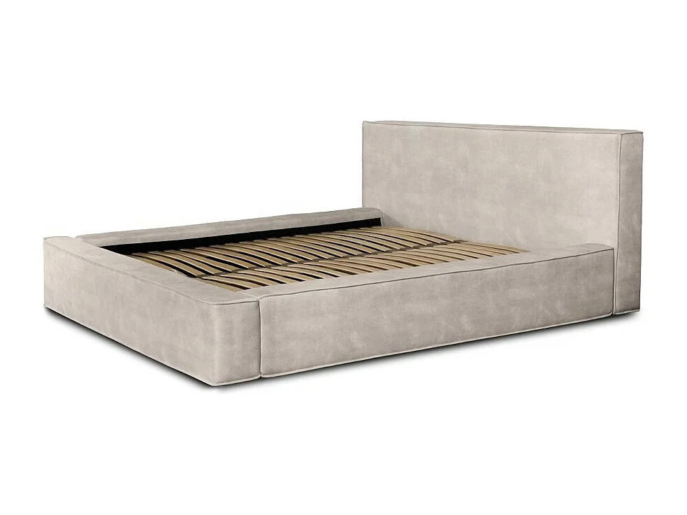 Lit coffre DENALI – Areia – 180x200 cm – Tecido de veludo macio – Estrado elevatório – Armazenamento integrado