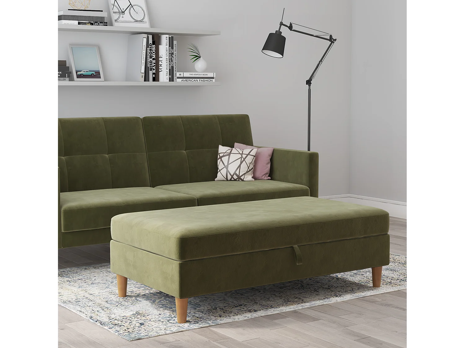 Lilly|Pouf avec rangement en velours vert olive