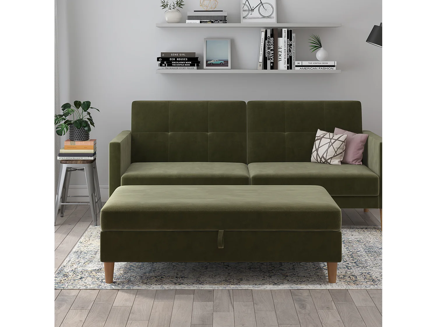 Lilly|Pouf avec rangement en velours vert olive