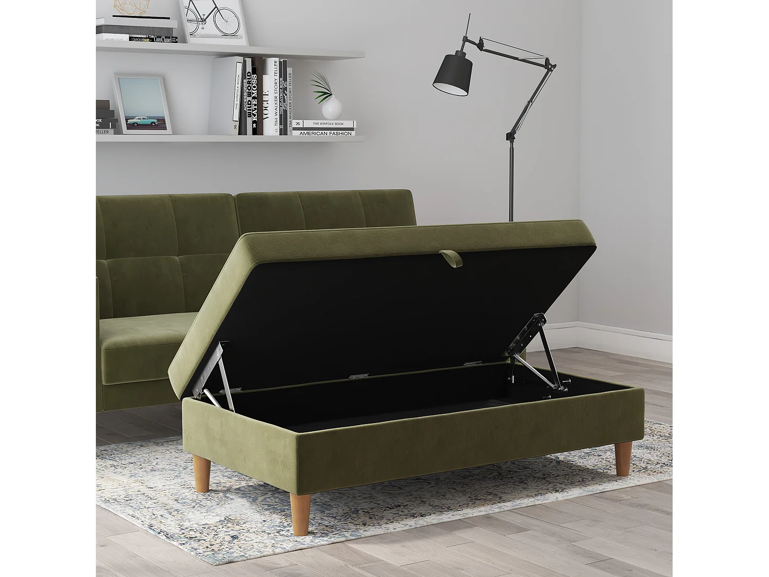 Lilly|Pouf avec rangement en velours vert olive