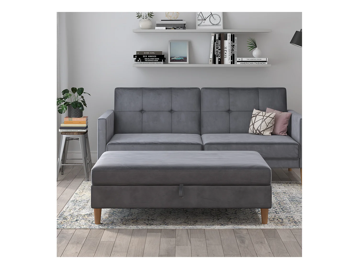 Lilly|Pouf avec rangement en velours anthracite