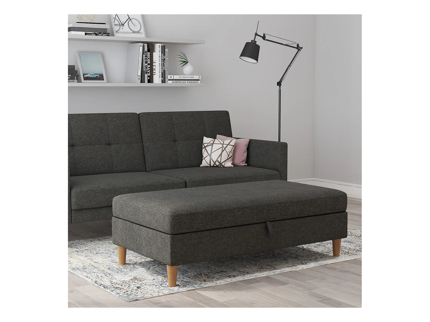 Lilly|Pouf avec rangement en tissu anthracite