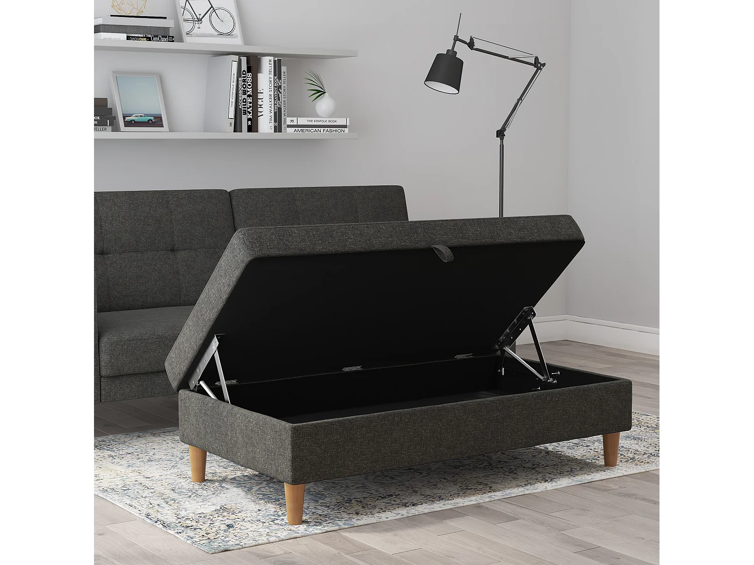 Lilly|Pouf avec rangement en tissu anthracite