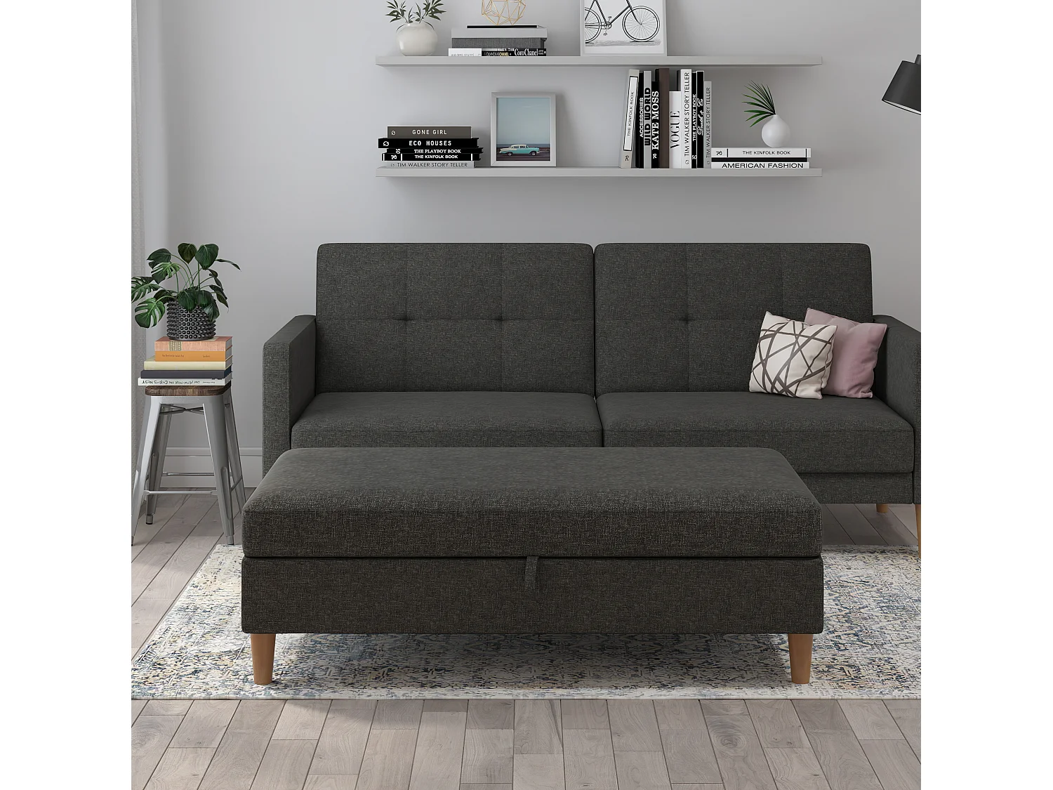 Lilly|Pouf avec rangement en tissu anthracite