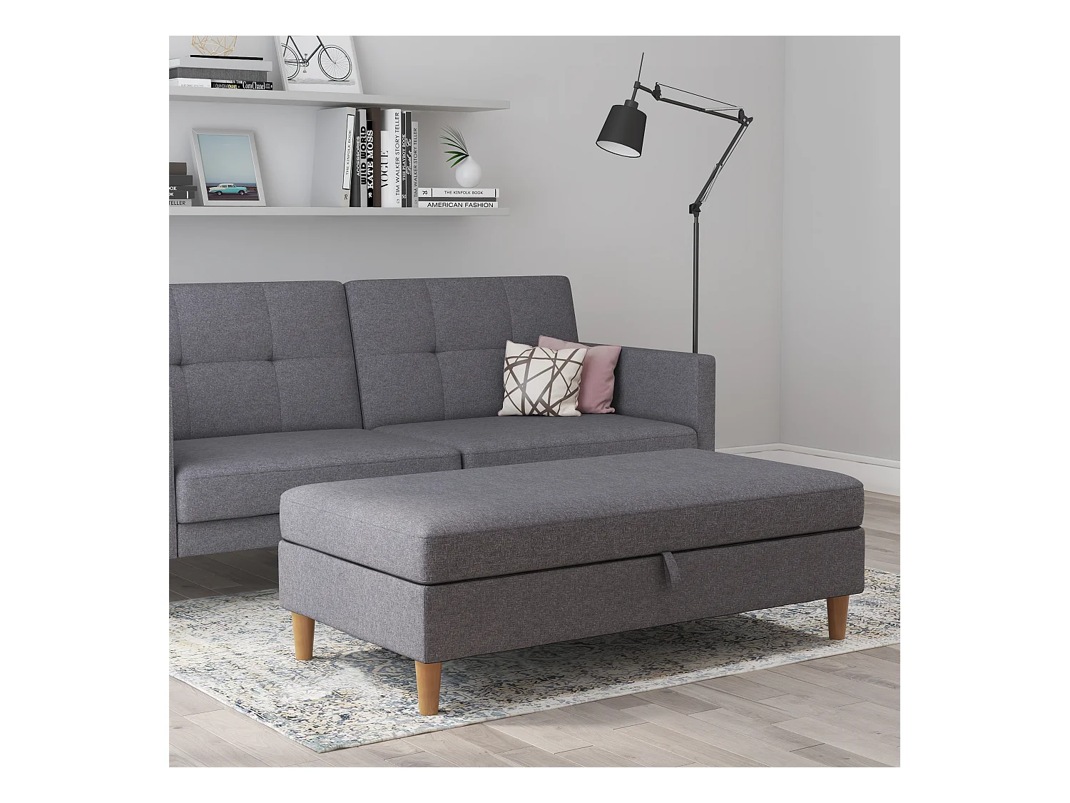 Lilly|Pouf avec rangement en tissu gris clair