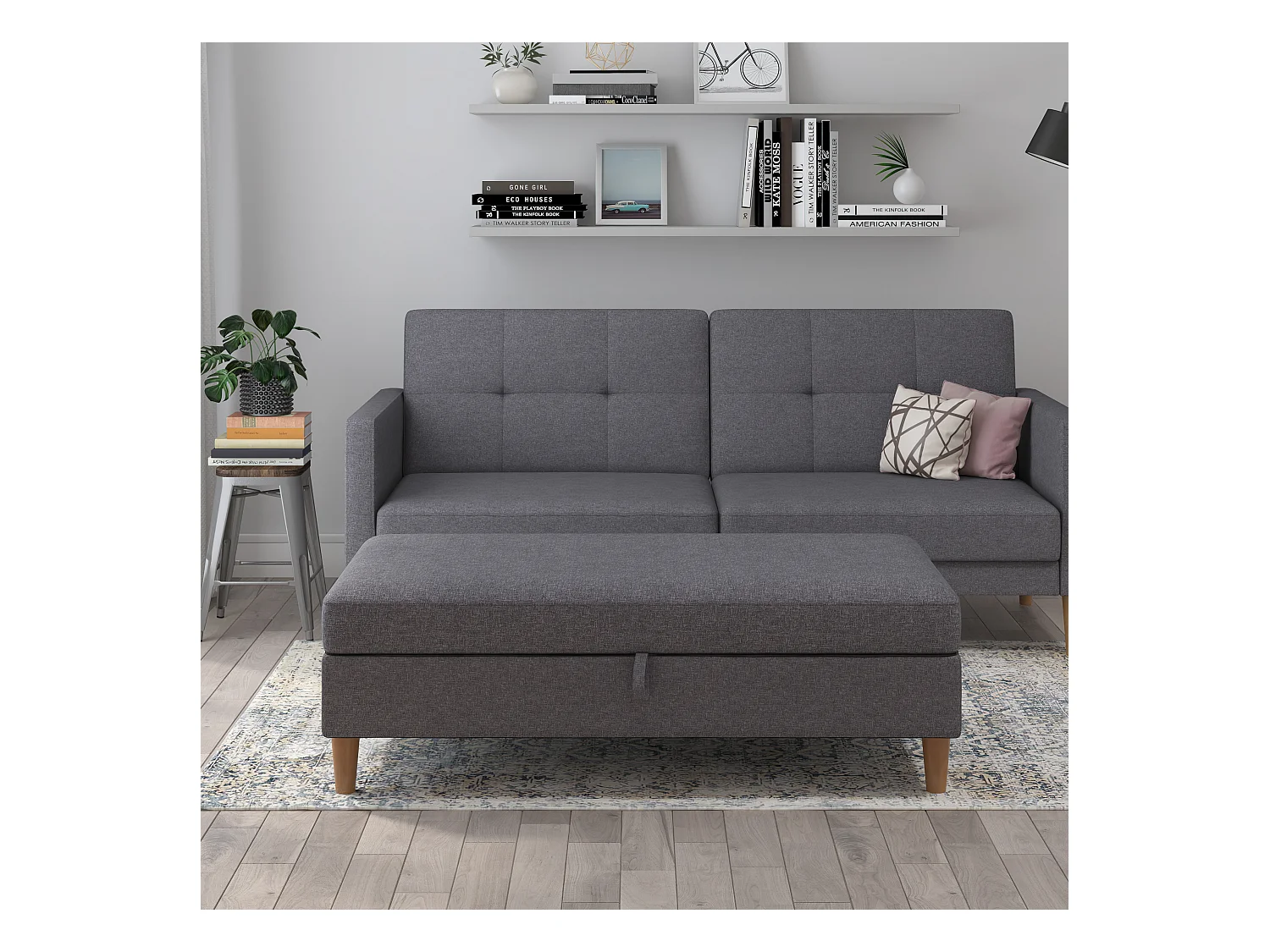 Lilly|Pouf avec rangement en tissu gris clair