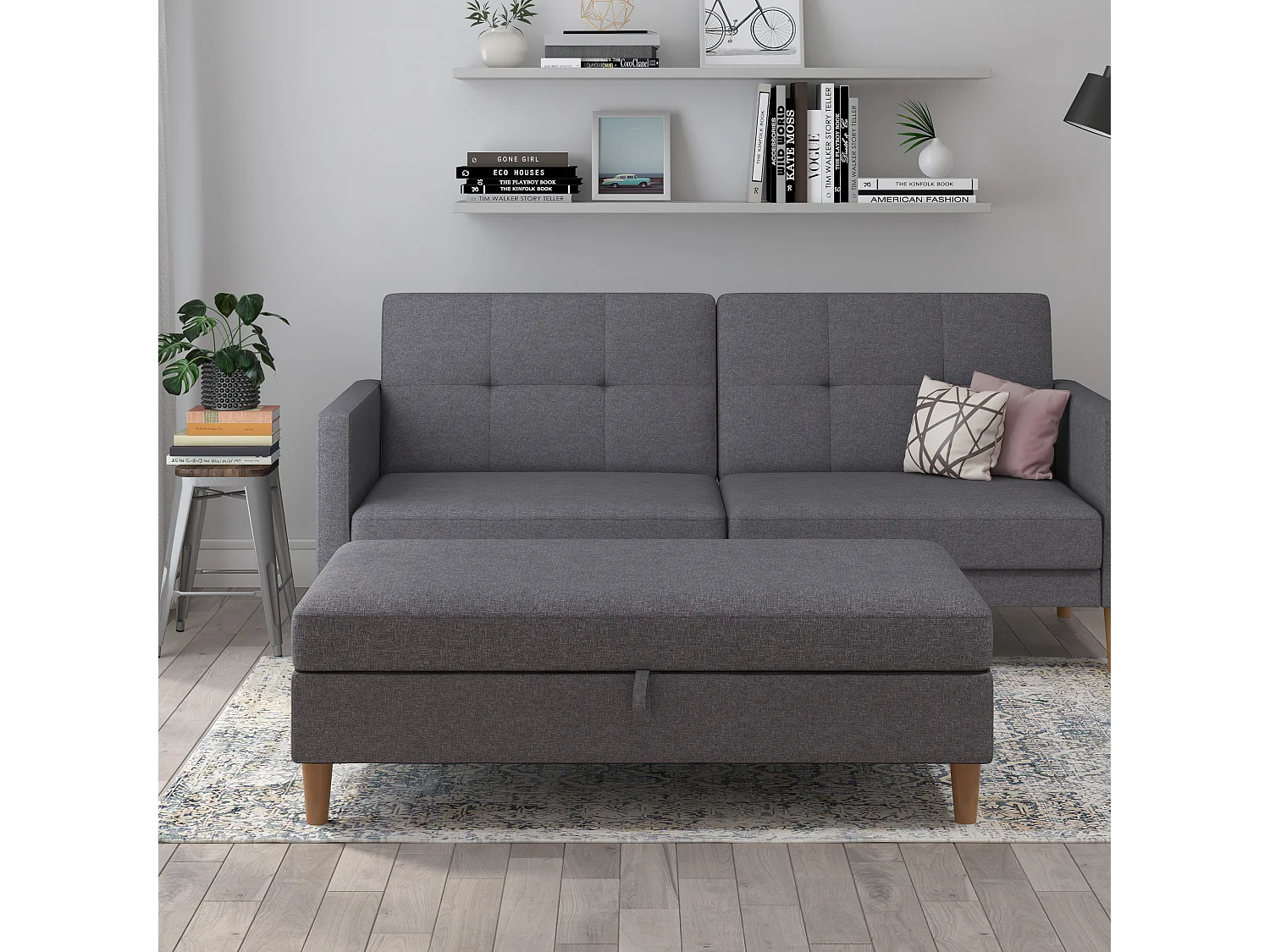 Lilly|Pouf avec rangement en tissu gris clair