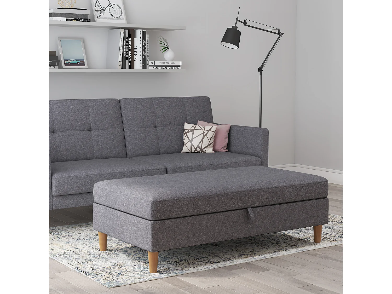 Lilly|Pouf avec rangement en tissu gris clair