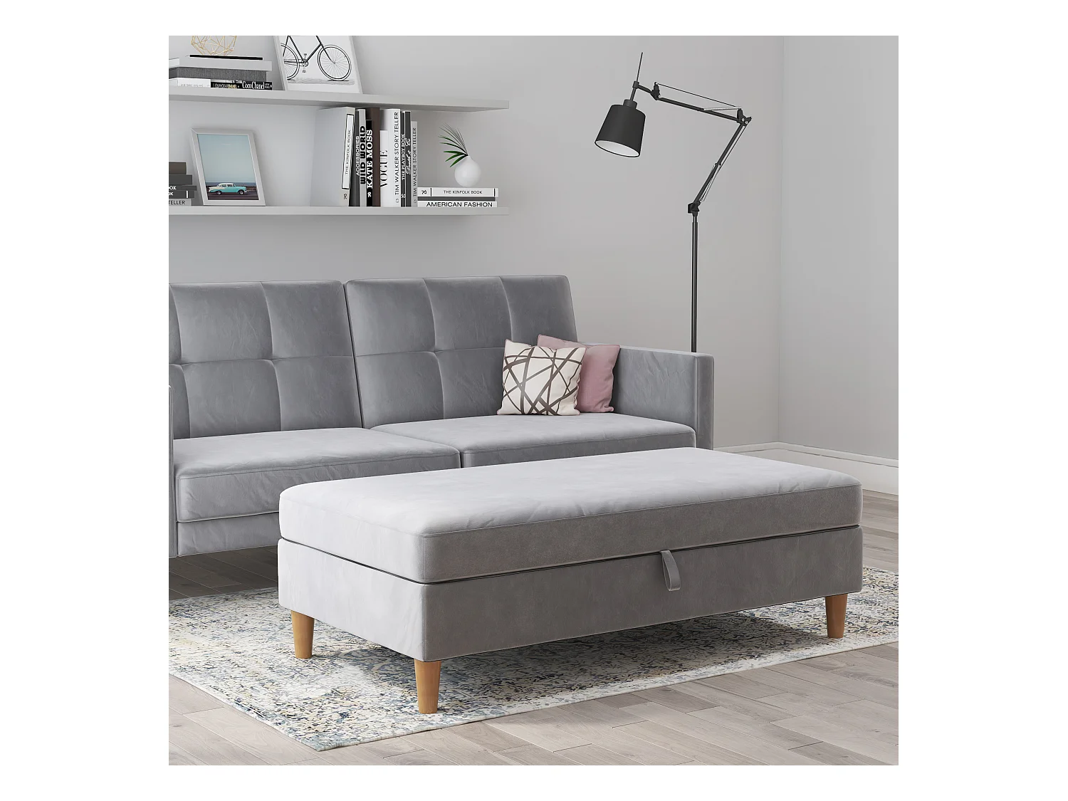 Lilly|Pouf avec rangement en velours gris clair