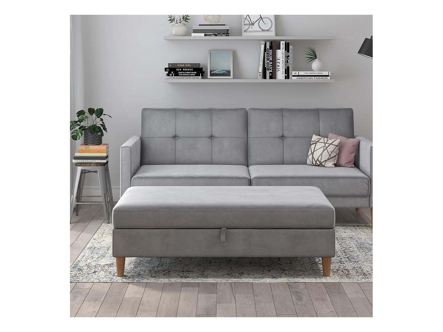 Lilly|Pouf avec rangement en velours gris clair