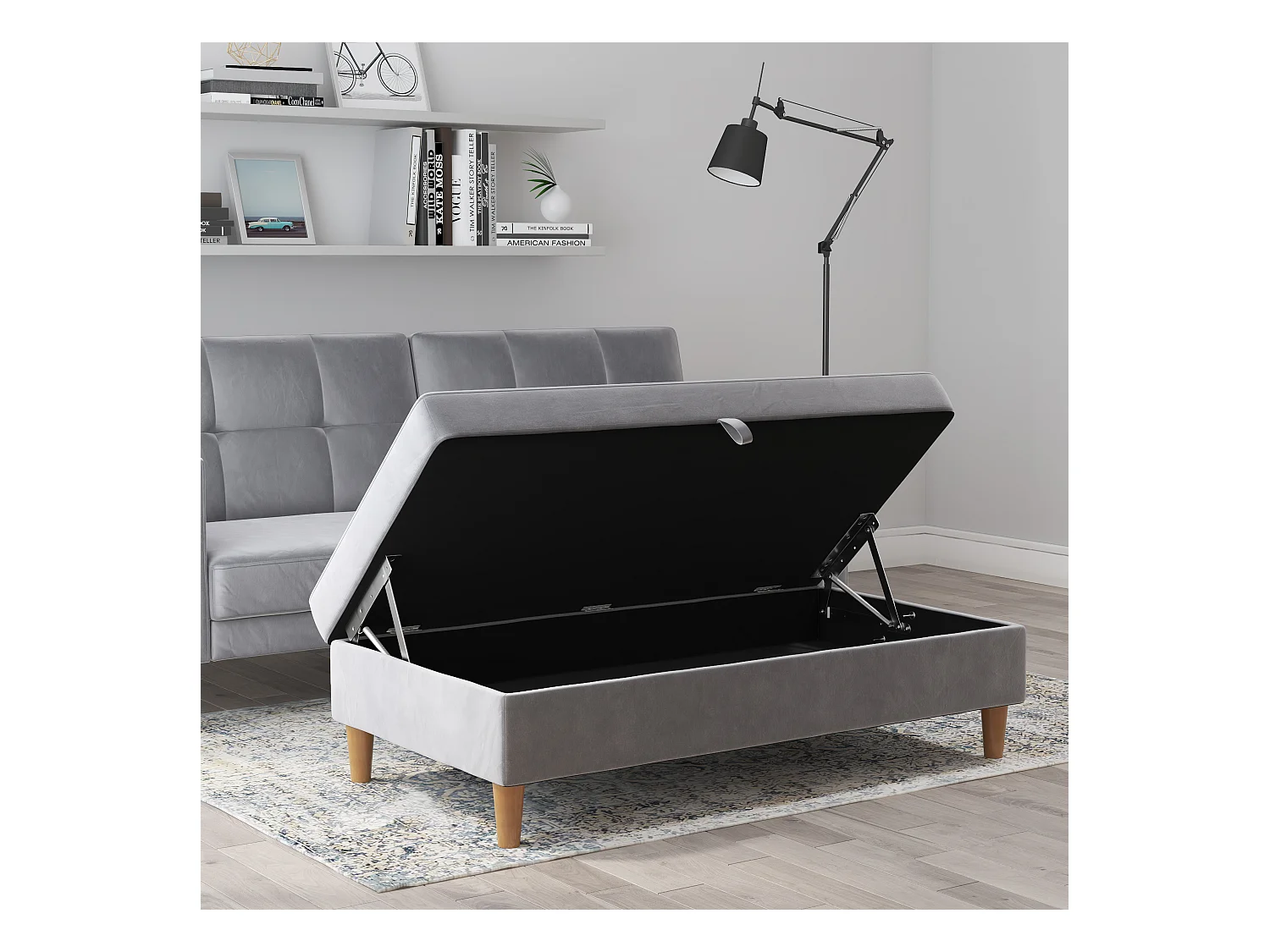 Lilly|Pouf avec rangement en velours gris clair