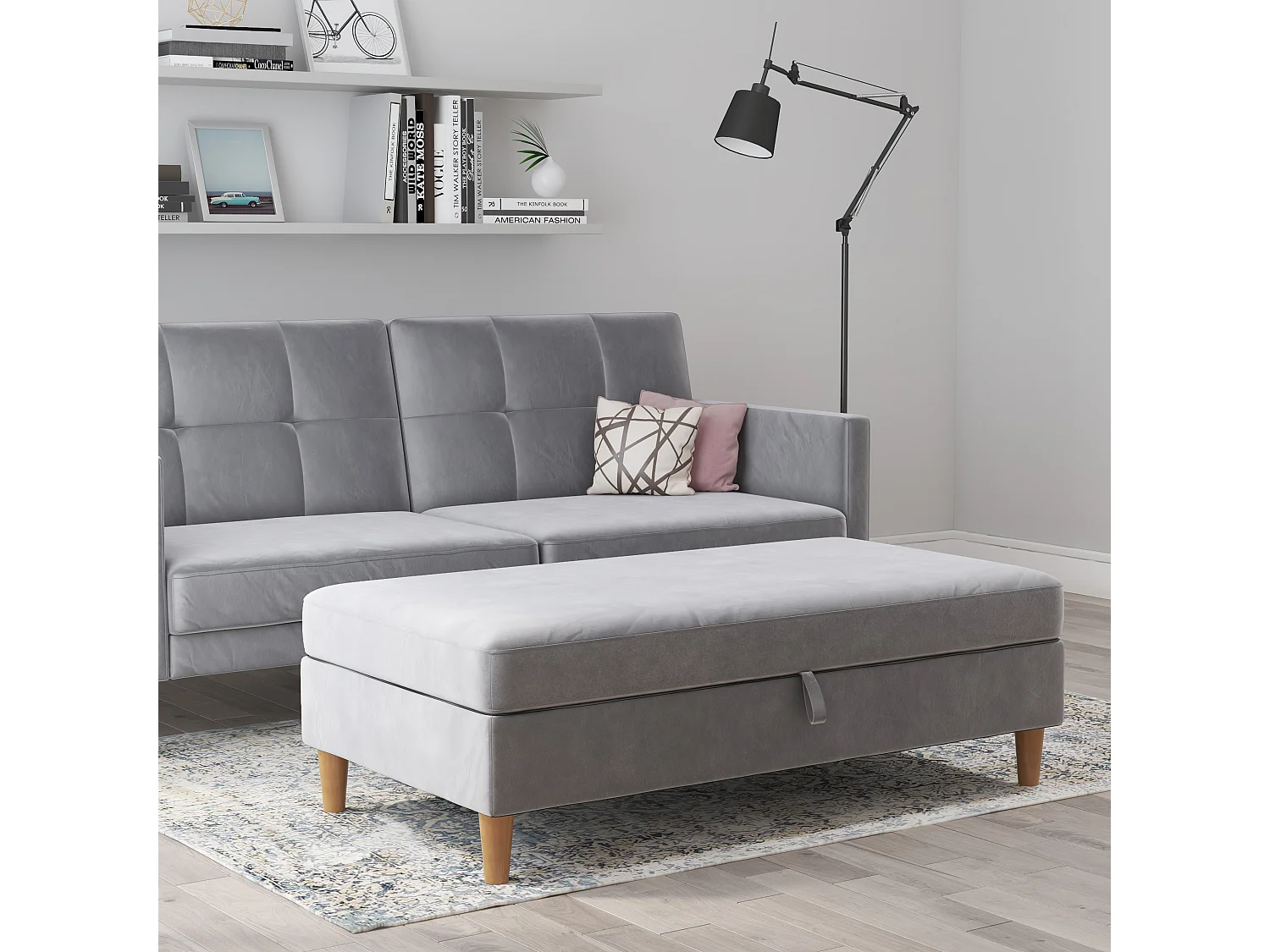 Lilly|Pouf avec rangement en velours gris clair