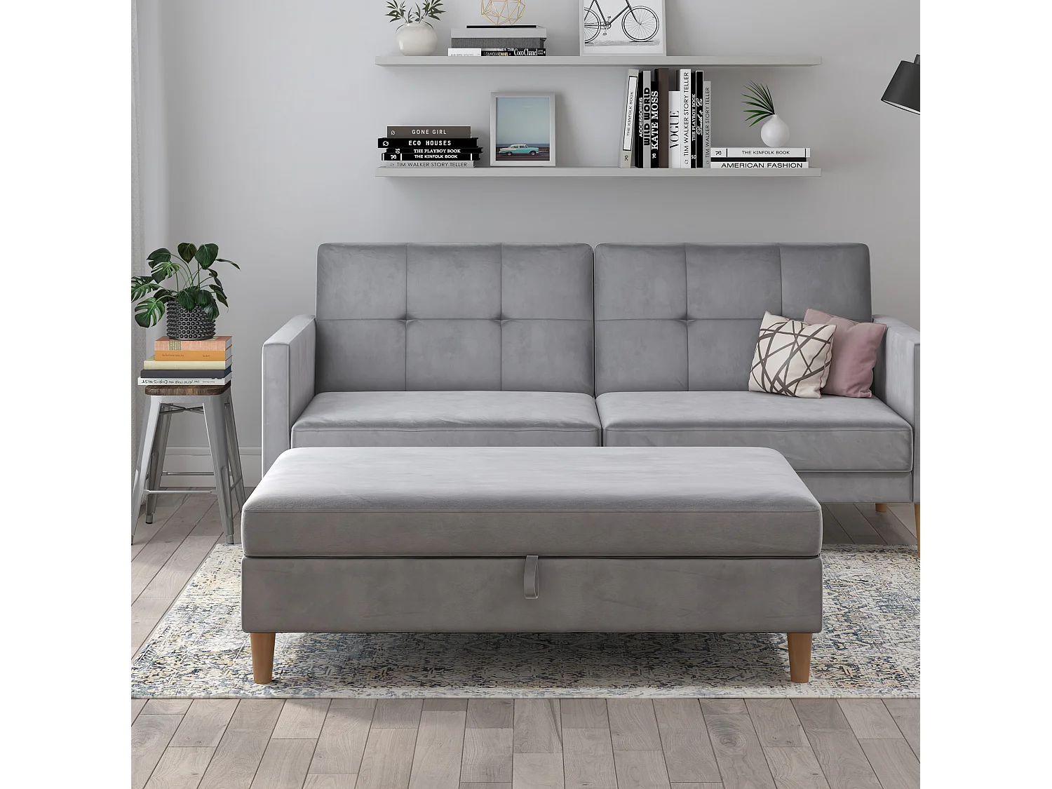 Lilly|Pouf avec rangement en velours gris clair