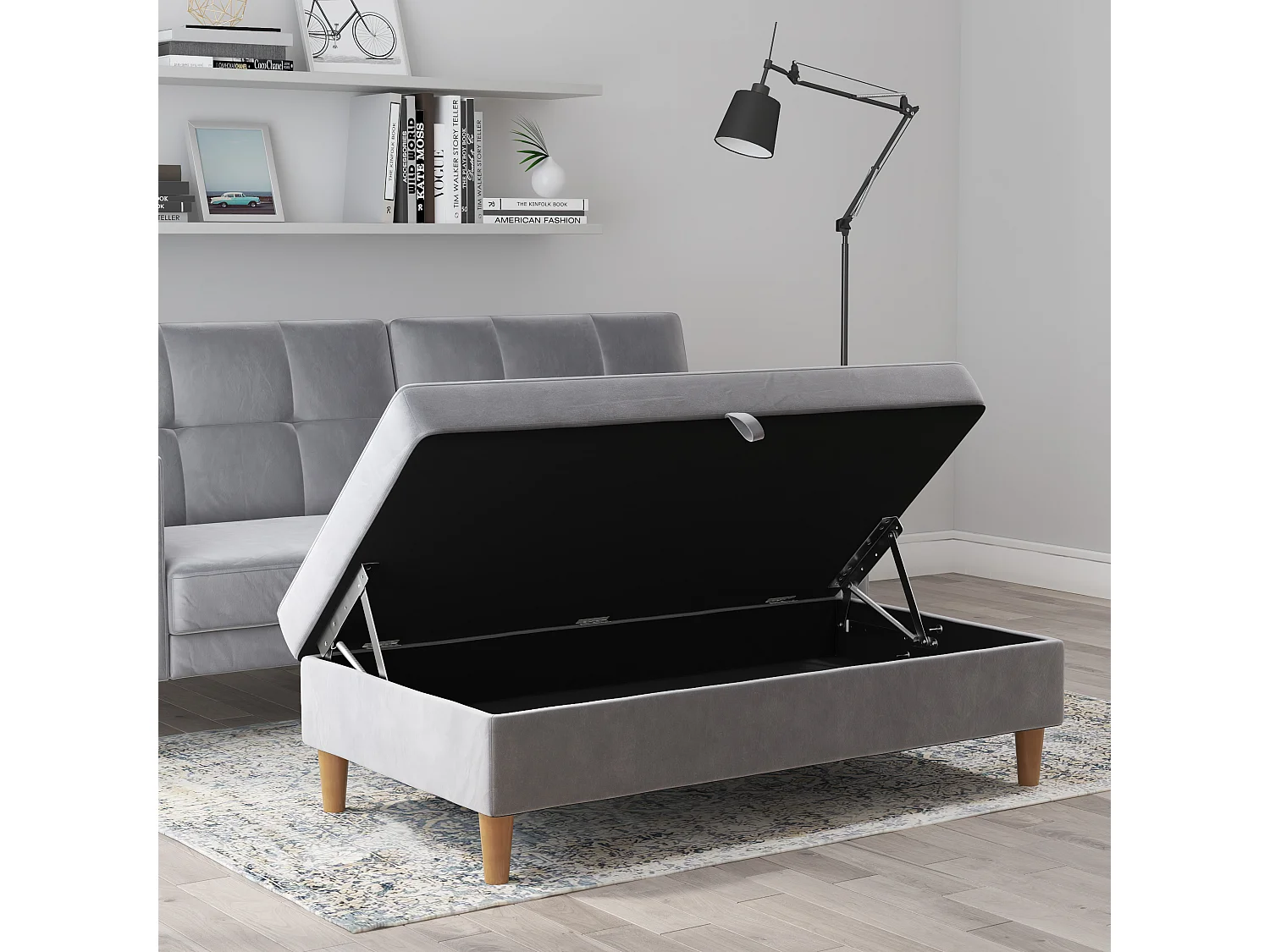 Lilly|Pouf avec rangement en velours gris clair