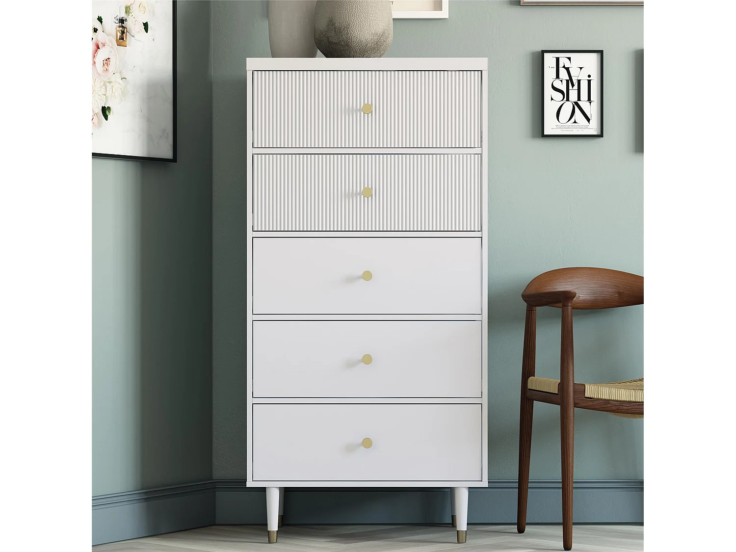 Commode à 5 tiroirs Elizabeth. Gris tourterelle