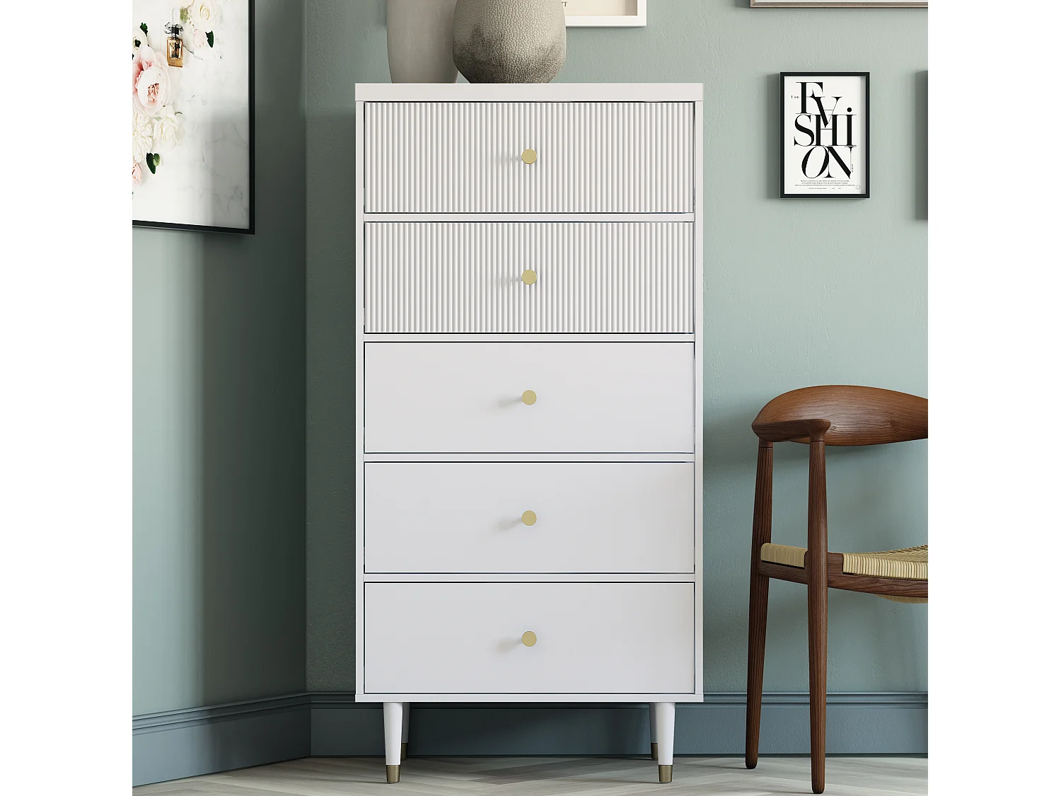 Commode à 5 tiroirs Elizabeth. Gris tourterelle