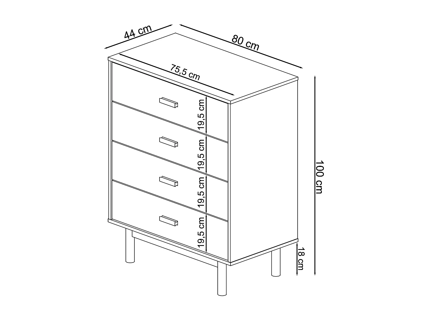 Melanie | Commode à 4 tiroirs en mélaminé chêne gris